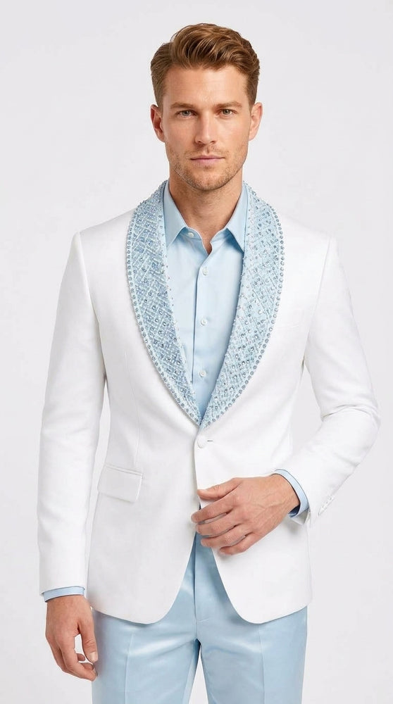 Men’s White & Sky Blue Tuxedo Suit with Embellished Shawl Lapel – Prom & Wedding in light baby poweder blue color