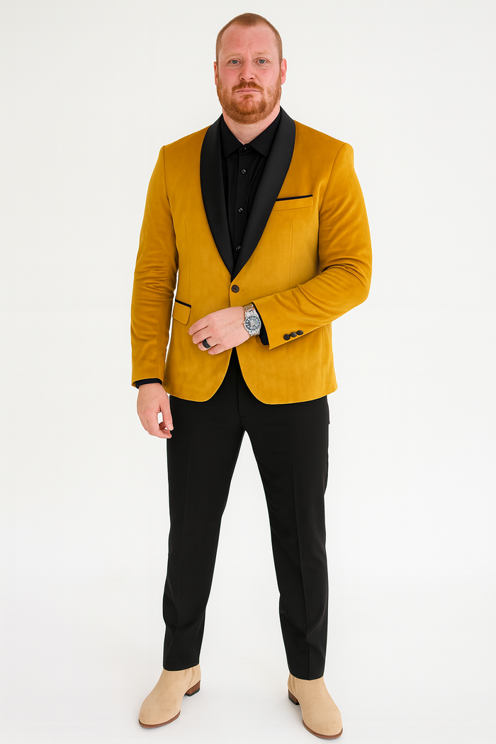 Men’s Mustard Gold Velvet Tuxedo Jacket – Slim Fit Dinner Blazer with Black Satin Shawl Lapel + Free Black Pants & Bowtie