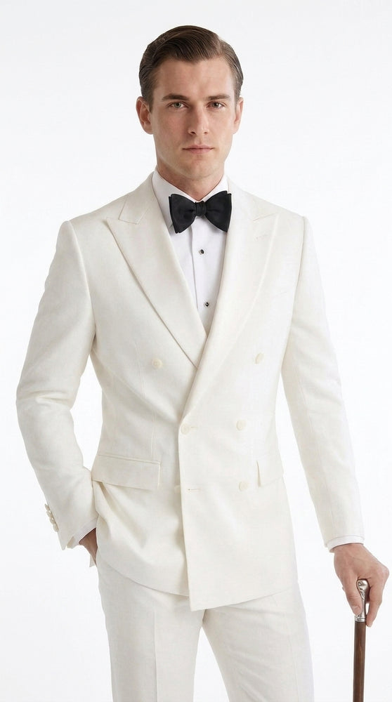 Men’s Ivory Double-Breasted Tuxedo – Vintage Wedding, Prom and Black-Tie Formal Suit off white cream