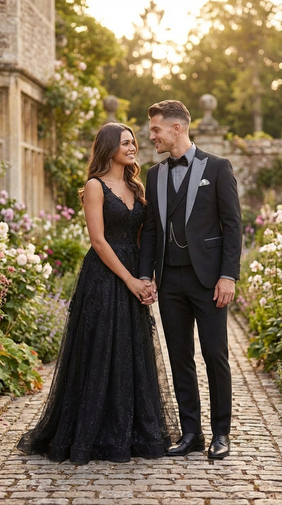 Men’s Black And White Lapel 3 Piece Tuxedo Suit with Silver Gray Satin Lapel | Formal Wedding Prom Suit Set