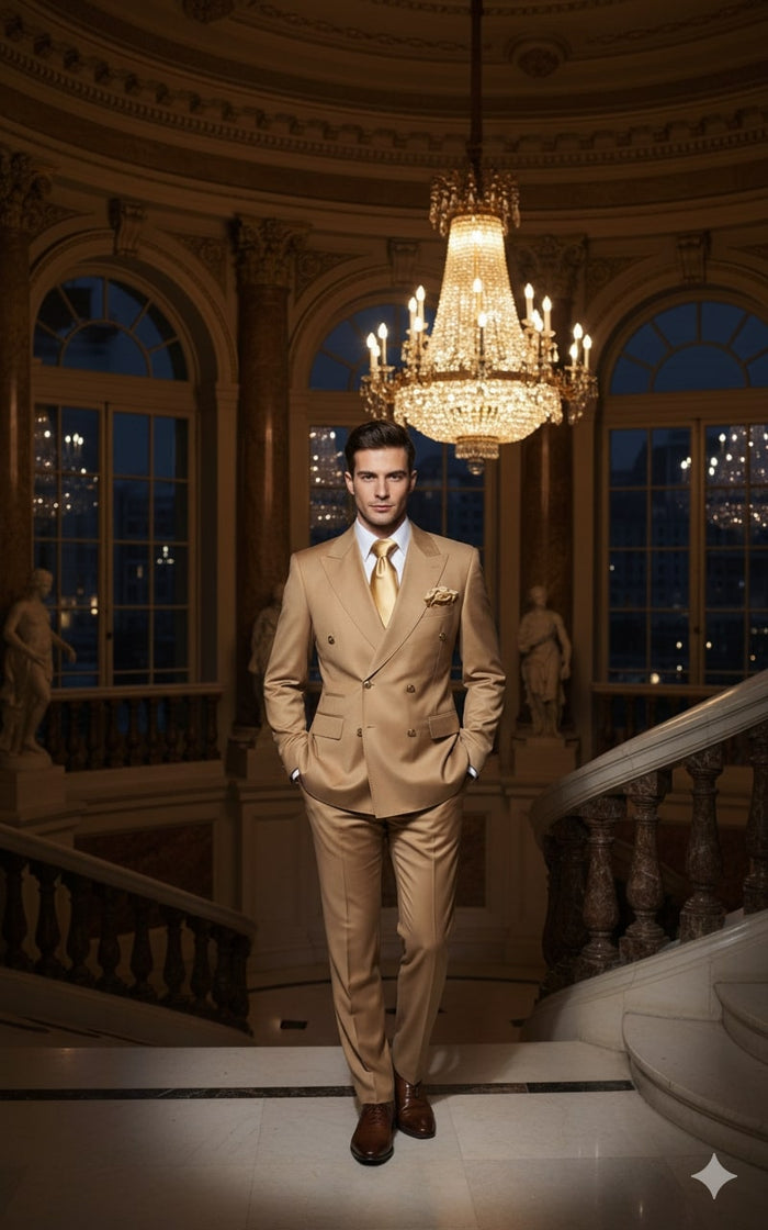 Mens Camel - Bronze - Goldish khaki Double-Breasted Suit – Luxury 2-Piece Formal Set with Gold Buttons and Peak Lapels by Rossi Man