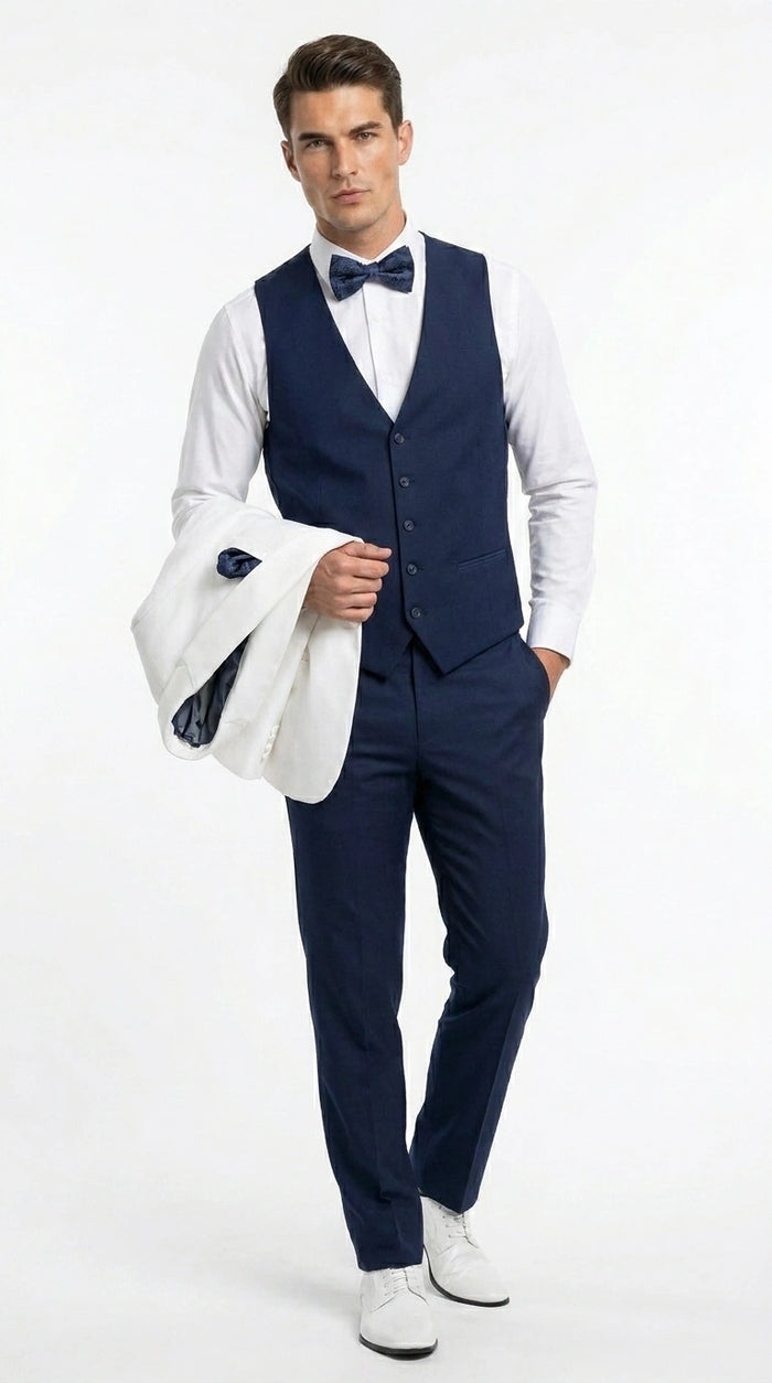 Men’s White and Navy blue tuxedo  3 Piece Suit – Classic White Blazer with Navy Vest and Pants for Wedding, Party + Bowtie