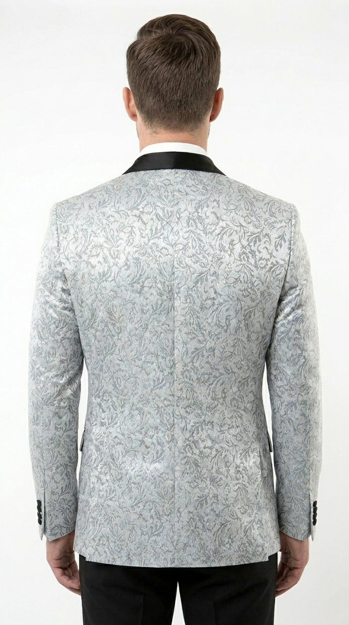Men’s Silver and Black Floral Blazer – Elegant Formal Tuxedo Style Blazer Jacket for Wedding, Party, Prom and Evening Wear