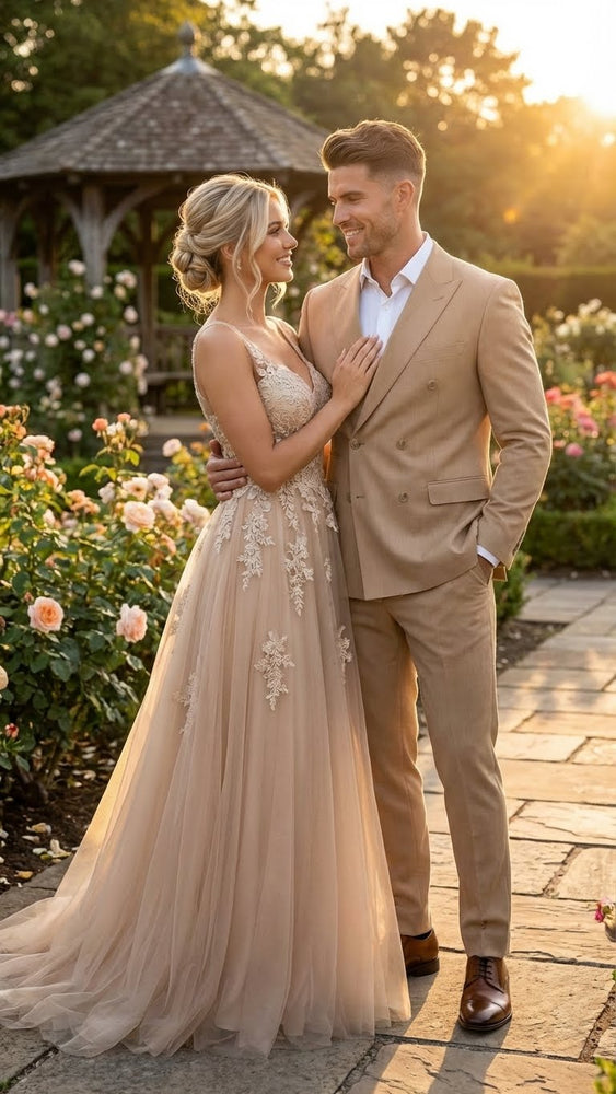 Vitali Brand Men’s Beige Double Breasted Suit – Classic Wedding, Prom & Party Wear Formal Outfit Khaki Camel Color