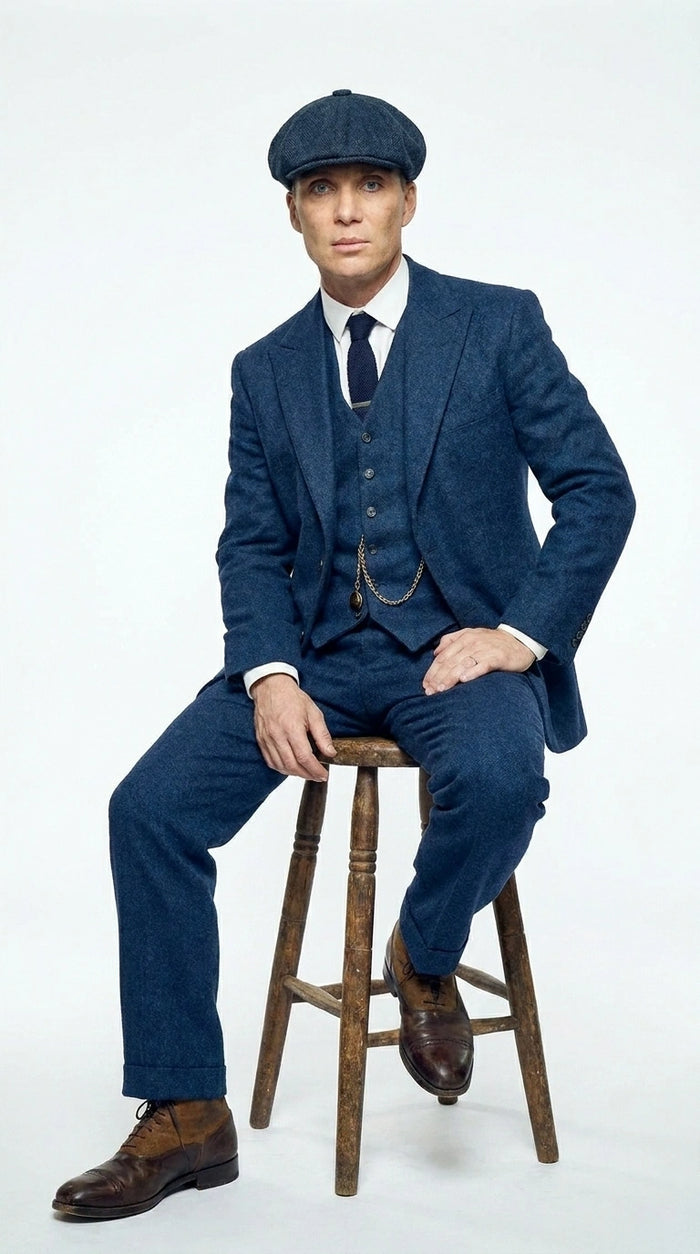 Men’s Blue 3 Piece Suit, Thomas Shelby Inspired Vintage Formal Suit Herringbone Tweed 1920s fabric