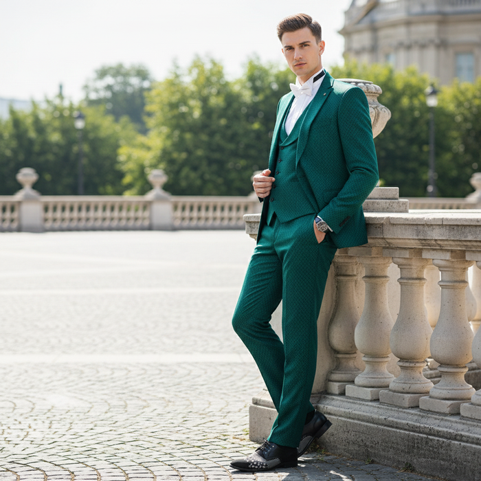 Men’s Emerald Green Textured 3-Piece Suit – Polk Dot Pattern Formal Wedding, Prom, and Evening Wear Outfit