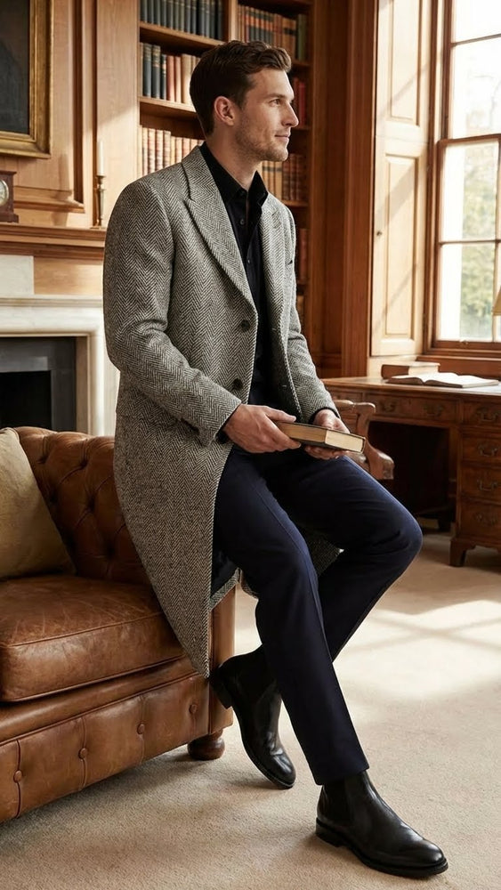 Men’s Grey Herringbone Long Overcoat – Tweed Black and White Pattern Wool Topcoat Three Qaurter