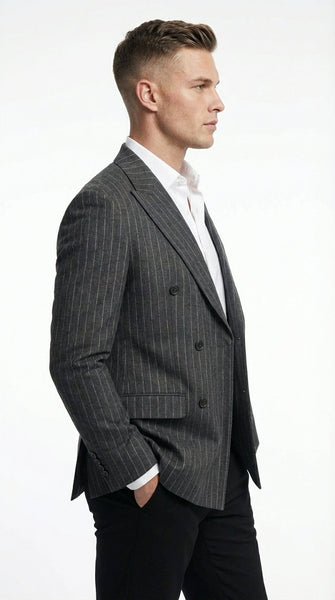 Mens Charcoal Gray Pinstripe Double Breasted Blazer Sport Coat – Classic Formal Business Jacket for Office and Smart Casual Wear