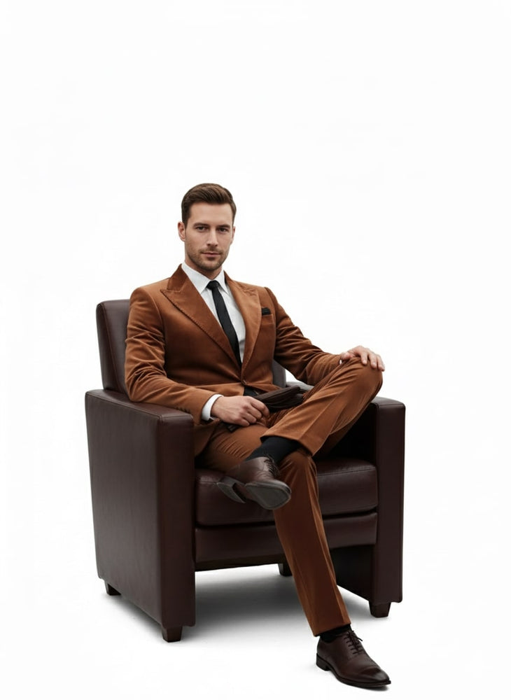 Mens Brown Velvet 2-Piece Suit – Luxury Slim Fit Formal Blazer and Pants Set in Rust Copper Color