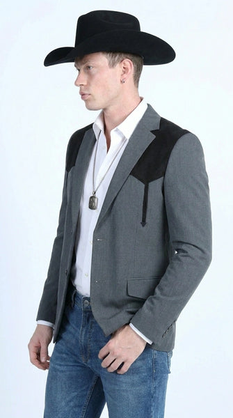 Men’s Dark Charcoal Western Blazer with Black Suede Yokes, Cowboy Sport Coat for Ranch Wedding and Country Events By Platini