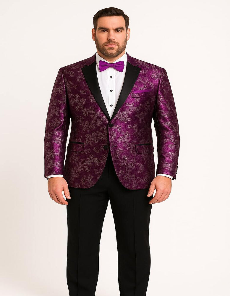 Men's Pinkish ~ Purple Paisley Tuxedo Jacket with Black Satin Lapel – Formal Prom and Wedding Blazer in Meganta Color