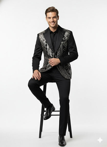 Mens Black and White and Silver Sequin Embroidered Blazer – Luxury Designer Party Wear with Geometric Detailing