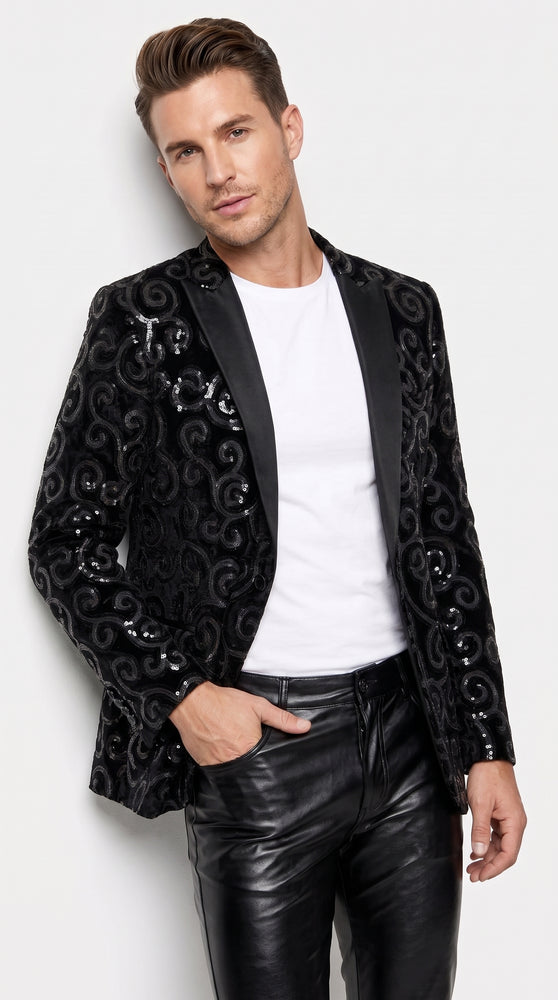 Men’s Black Velvet Sequin Swirl Dinner Jacket – Blazer Paisley Sparkly