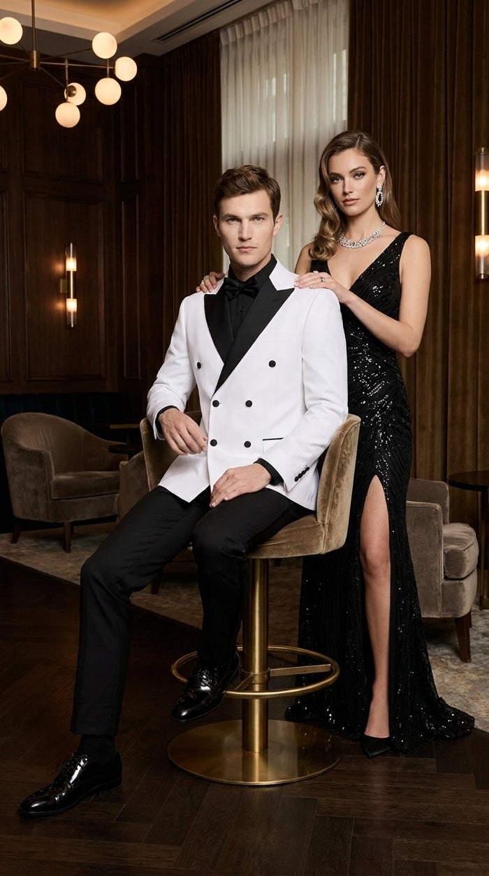 Men's White Double Breasted Tuxedo Dinner Jacket – Black Satin Peak Lapel Formal Wedding, Prom & Party Blazer