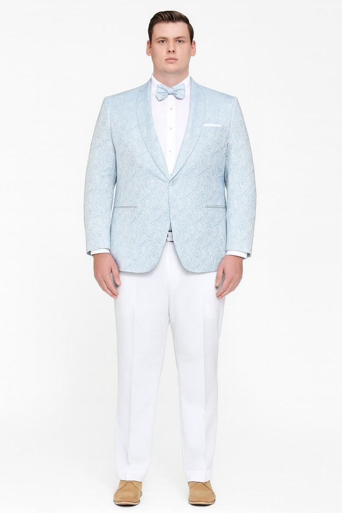 Mens Light Blue Paisley Tuxedo Jacket with Matching Bow Tie – Slim Fit Blazer for Weddings, Prom, and Formal Events