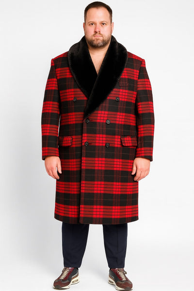 Mens Red and Black Plaid Wool Overcoat with Black Faux Fur Shawl Collar – Double-Breasted Winter Coat - Tartan Designs