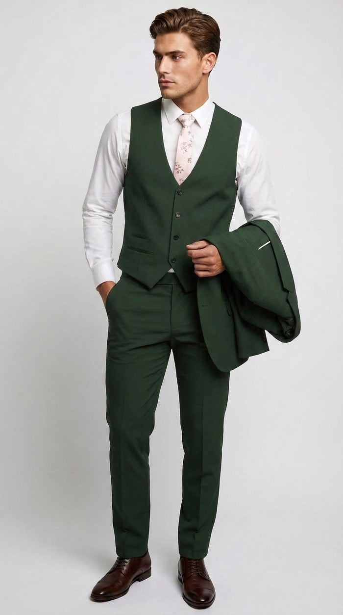 Men’s Forest Green 3 Piece Wedding Suit, Formal Groom Groomsmen Dress Suit Set