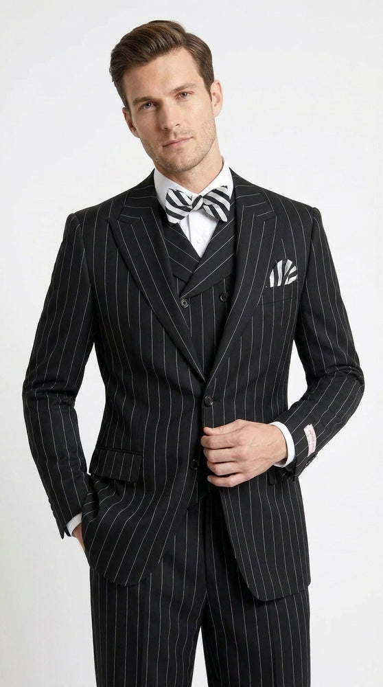 Men’s Black Pinstripe 3-Piece Suit Wool Suit  – Classic Fit Single Button Suit with Wide Leg Pleated Pants By Tiglio Russo