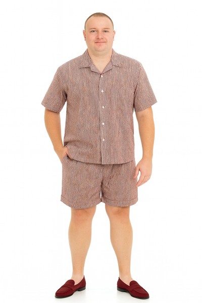 Men’s Burgundy Reddish Seersucker Short Set Walking Suit – Two-Piece Cuffed Shorts with Expandable Waist