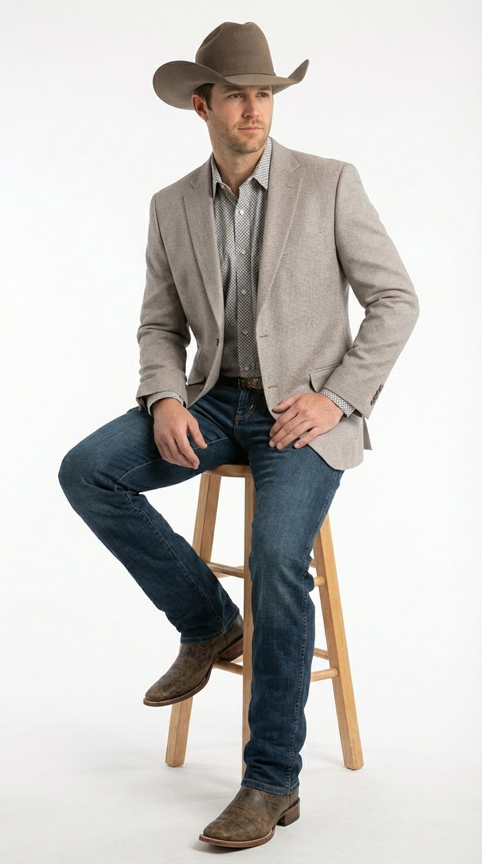 Mens Textured  Light Grey Western Blazer – Cowboy Style Casual Sport Coat for Men Classic Western Jacket