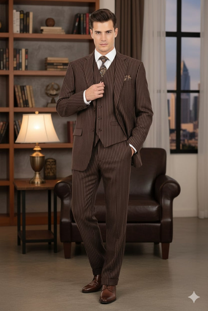 Men’s Brown Pinstripe 3-Piece Suits – Classic Business and Formal Wear with Vest
