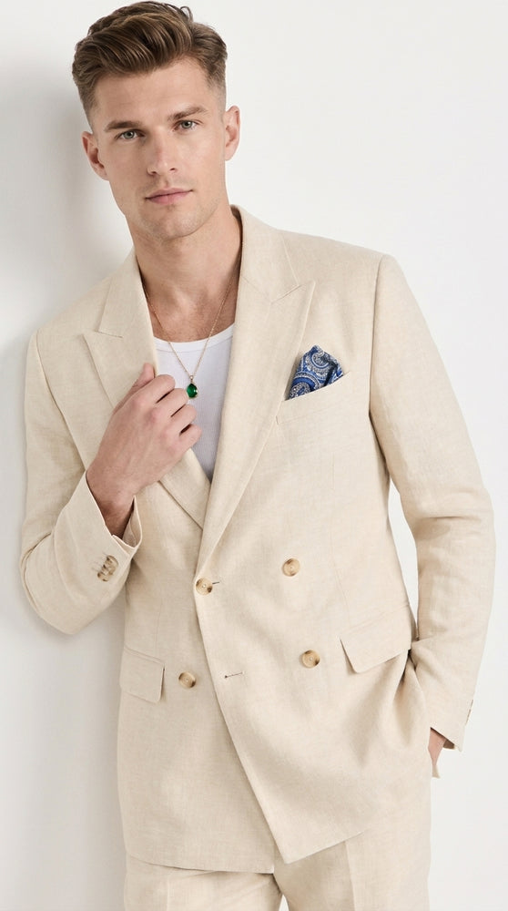 Men’s Light Beige Linen Double-Breasted Suit – Summer Wedding, Beach and Formal 2-Piece Suit