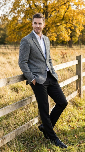 Men’s Grey Harris Tweed Blazer Jacket, Classic Herringbone Wool Sport Coat for Business Casual
