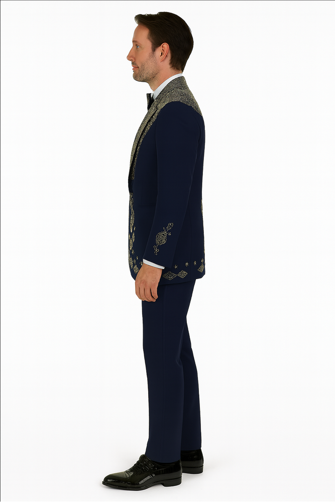 Men’s Navy Tuxedos with Gold Embroidery – Slim Fit Formal Dinner Jacket with Shawl Lapel