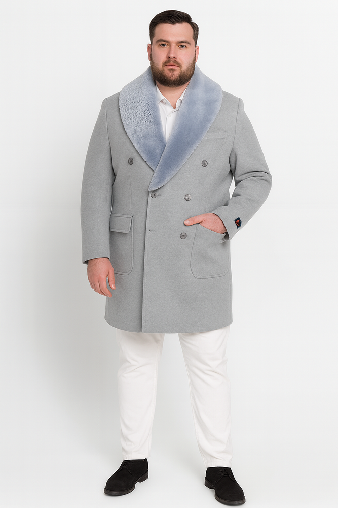 Men’s Light Grey Double Breasted Overcoat with Faux Fur Shawl Collar – Winter Luxury Coat Wool Fabric