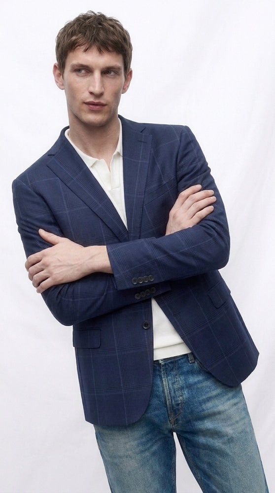 Men’s Navy Blue Plaid Wool Blazer – English Style Textured Wool Winter Sport Coat  Windowpane pattern