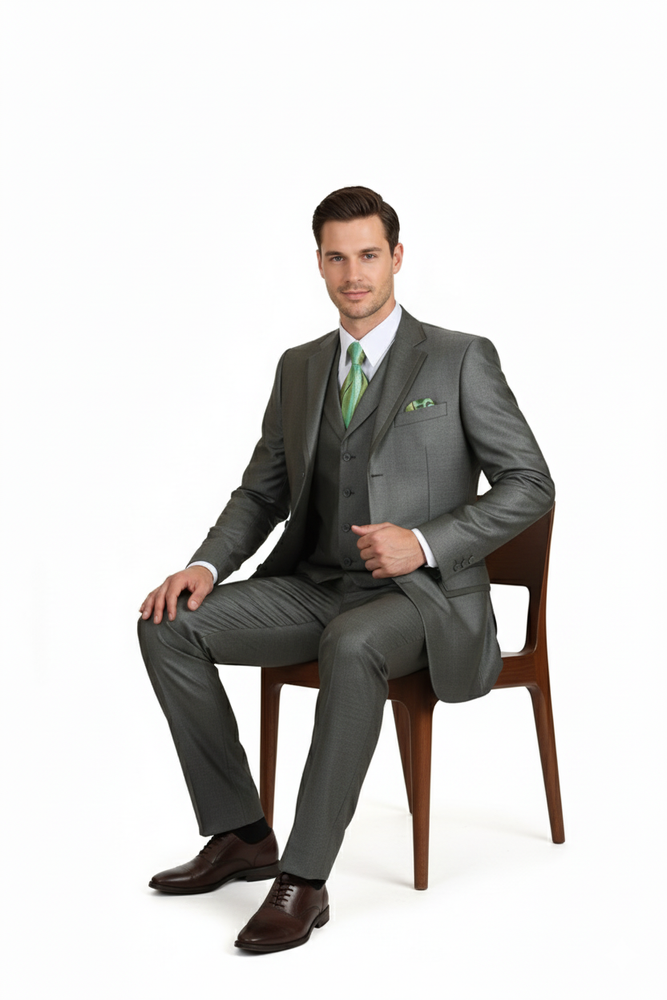 Men’s Olive Green 3-Piece Suit – Classic Fit with Vest and Tie Pleated Pants Three Buttons