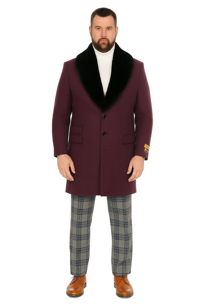 Mens Purple Wool Overcoat with Black Faux Fur Collar – Luxury Winter Dress Coats for Formal and Casual Wears