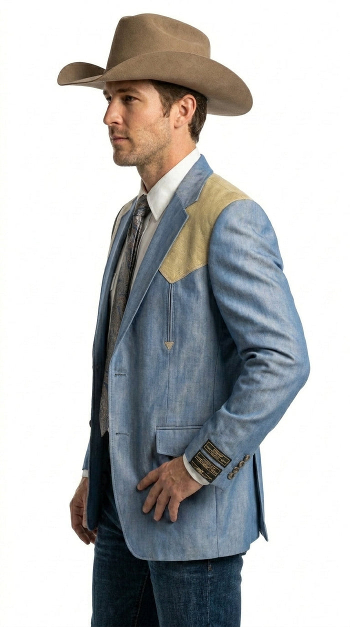 Men’s Steel - Light Blue and Off White Cream Color Western Cowboy Blazer – Shiny Country Style Dress Jacket for Rodeo Saco De Hombre Vaquero
