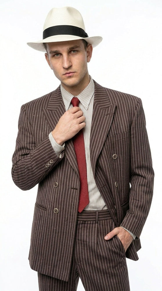 Men’s Brown Pinstripe Bonnie and Clyde Costume Suit – Vintage Gangster 1920s Outfit for Party, Halloween and Themed Events