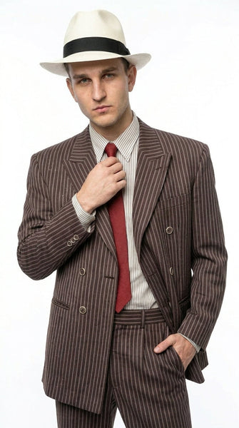 Men’s Brown Pinstripe Bonnie and Clyde Costume Suit – Vintage Gangster 1920s Outfit for Party, Halloween and Themed Events