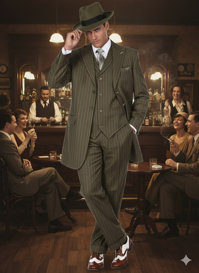 Mens Olive Green Pinstripe Zoot Suit – 1920s Gangster Vintage 3-Piece Suit for Formal and Themed Events