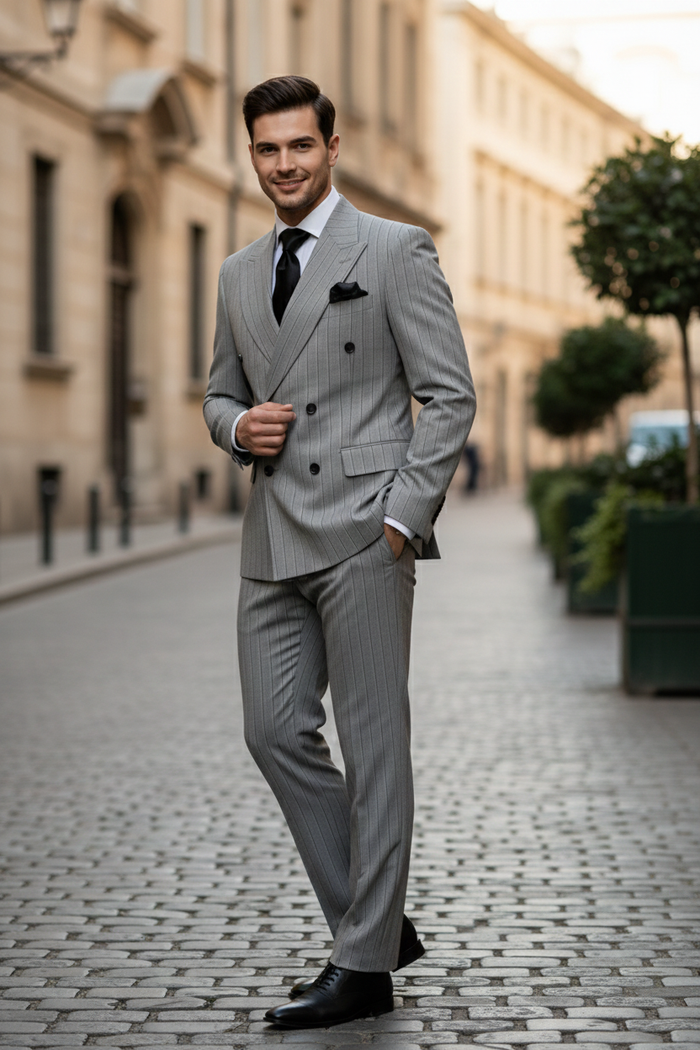 Men’s Grey and Black Pinstripe Double-Breasted Suit – 1920s Gangster Vintage Looking suit By Rossiman