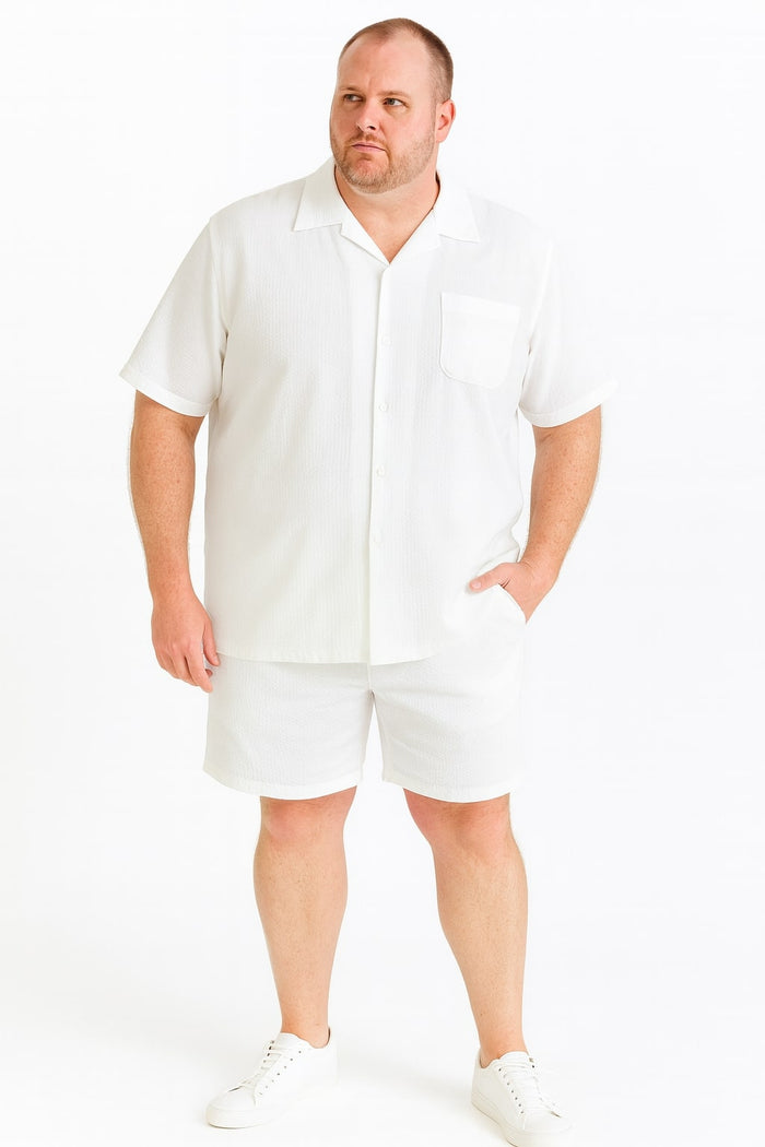 Mens White Seersucker Short Set – Lightweight Summer Outfit with Shirt and Shorts