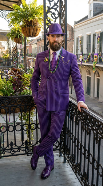 Men’s Purple Pinstripe Mardi Gras Suit | Classic Double Breasted Formal Carnival Suit