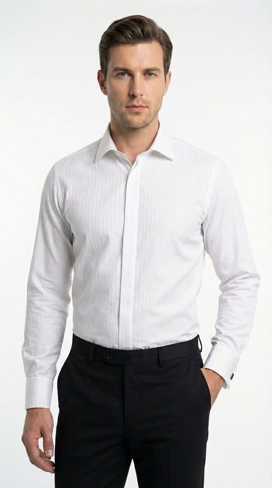 Mens White Herringbone Shadow and Tone on Tone Dress Shirt – Classic Formal Wedding