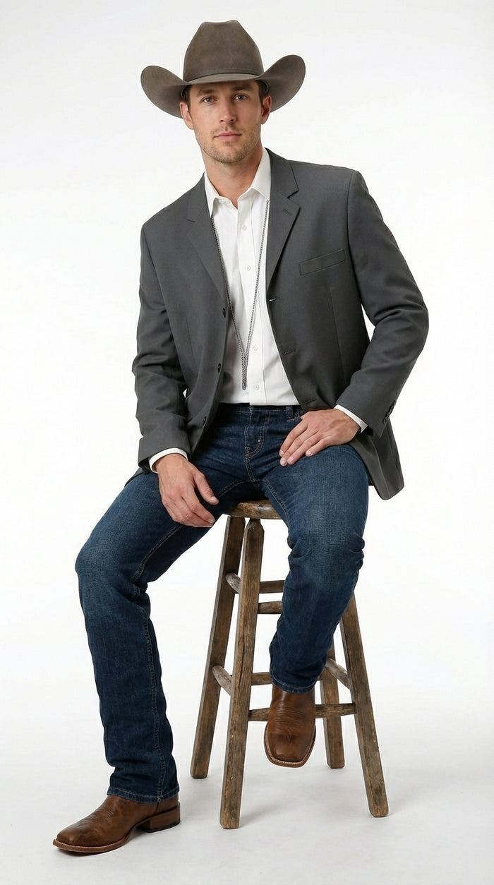 Mens Charcoal Grey Three Buttons Western Blazer – Classic Fit Cowboy Style Three Button Formal Dress Jacket