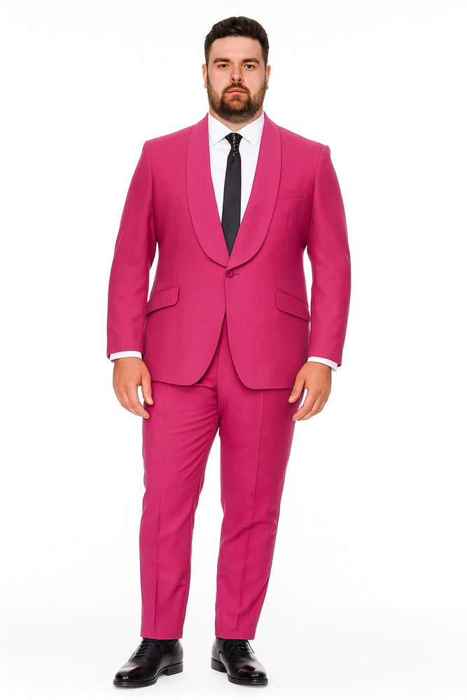 Mens Hot Pink Tuxedo Dinner Jacket + Pants with Shawl Lapel – Slim Fit 2-Piece Suit for Weddings, Proms Suit in Fuchsia Color