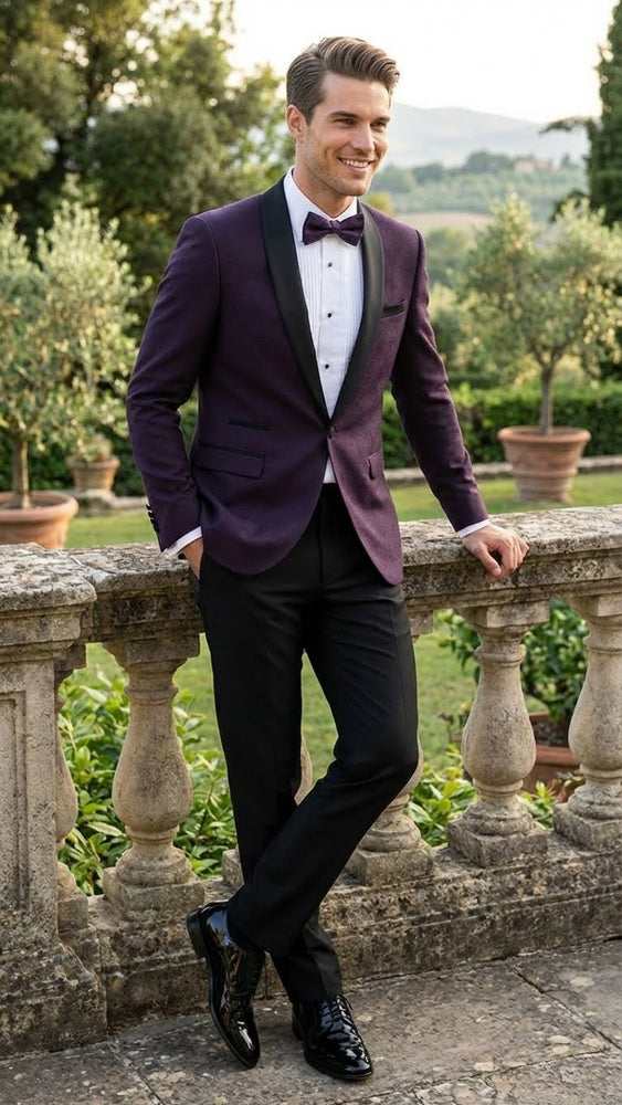 Men’s Eggplant Plum Purple Tuxedo Blazer with Satin Lapel, White Tuxedo Shirt and Matching Purple Bow Tie - Slim Fitted - Prom wedding Suit With Pants
