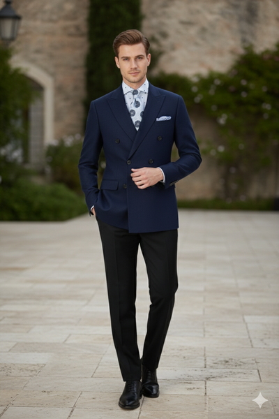 Men’s Navy Blue Double-Breasted Blazer - Suit Jacket – Premium Tailored Fit Formal Wedding and Business Sport Coat