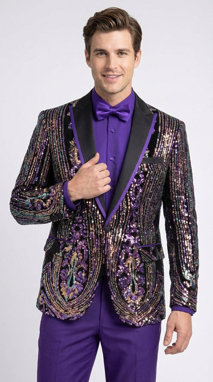 Mens Mardi Gra Black and Purple and Gold Sequin Tuxedo Jacket Set – Designer with Floral Pattern Jacket Formal Wedding Party Wear Bowtie