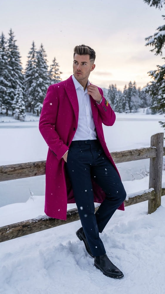 Men’s Hot Pink Wool Blend Overcoat – Topcoat Carcoat Winter Fabric