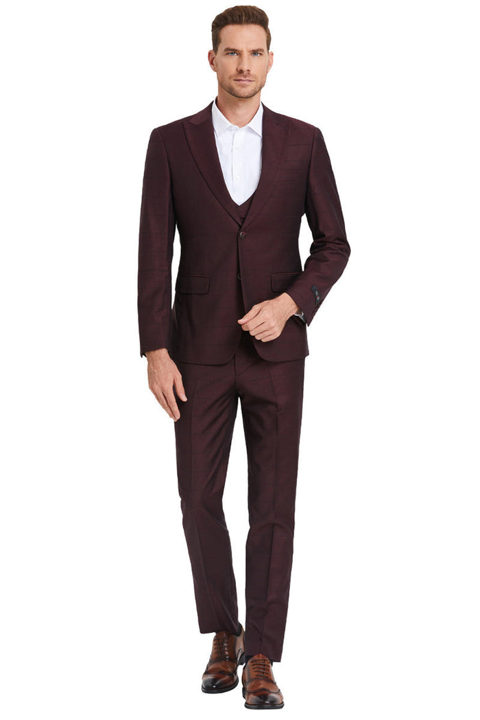 Men's Burgundy Windowpane Sharkskin Suit with Vested Peak Lapel
