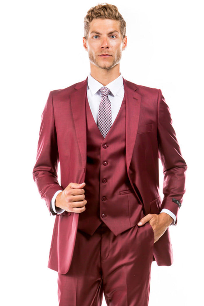 Men's Cranberry Red Sharkskin Suit by Tazzio Suits