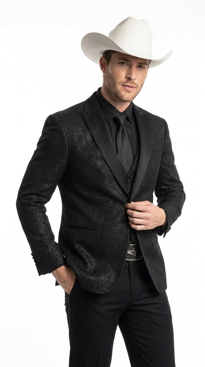 Men’s Black Western Tuxedo Blazer – Shimmer Cowboy Dinner Jacket Shiny Sparkely