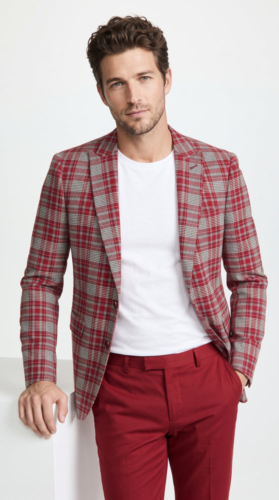 Men’s Red Tartan Plaid Blazer Checkered Sport Coat Holiday New Year  Gray Windowpane